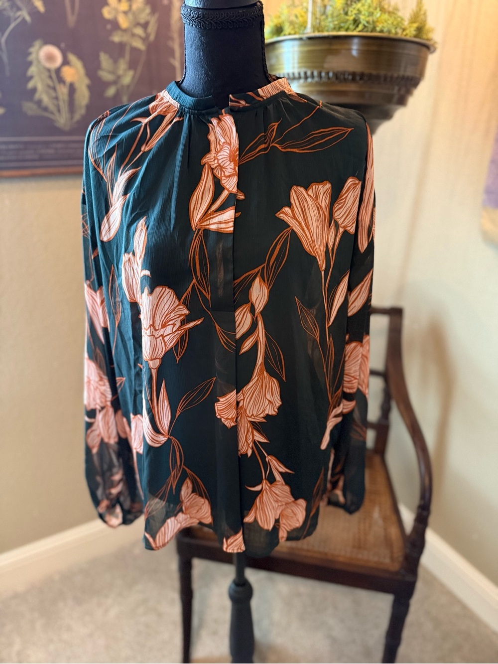 A new Day Womens Black Blouse with Peach Floral Print - Elegant Long Sleeve Top